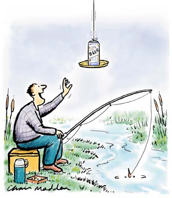 fisherman being baited by a beer can, by Chris Madden